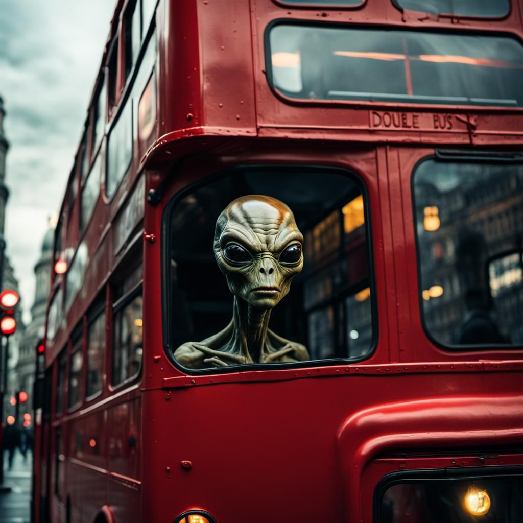 Alien on London Bus to Soho: Hyperrealistic Photo