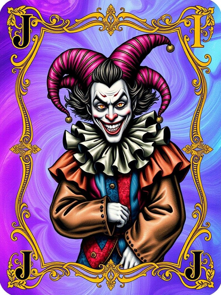 Victorian-Inspired Playing Card with Court Jester in Golden...