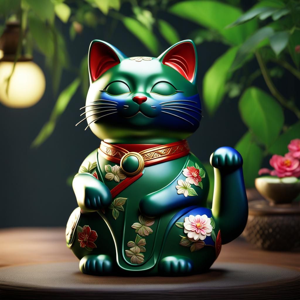 Maneki Neko in Blue Yukata: Detailed Matte Painting