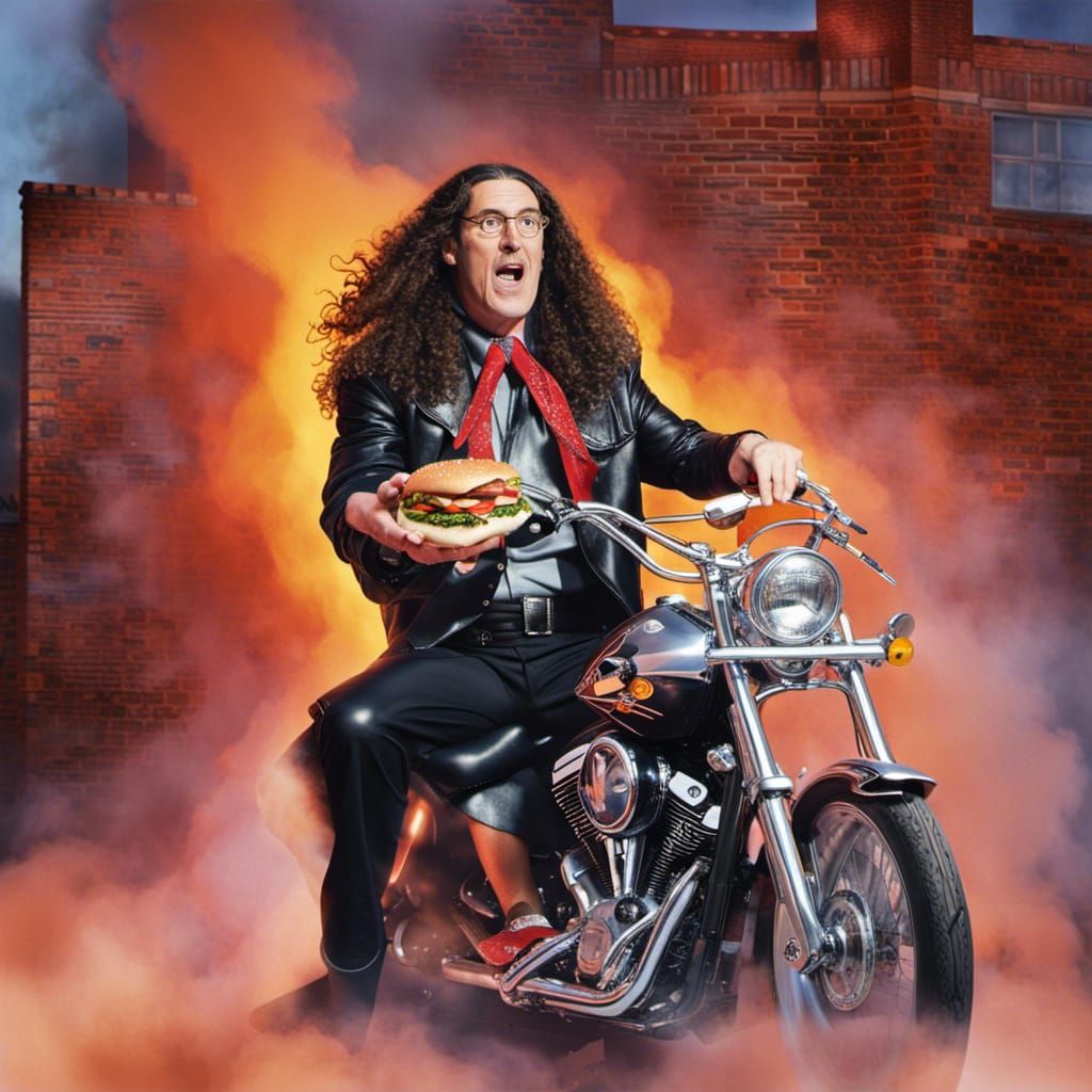 Weird Al Yankovic on Harley With Wacky Sandwich