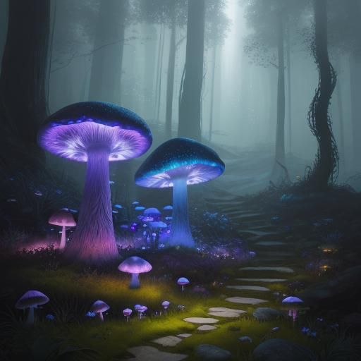 Glowing Mushroom on Forest Staircase in Dreamlike Style