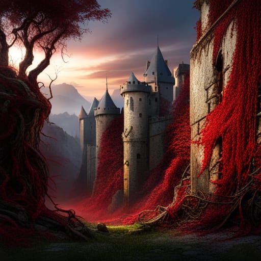 Blood-Stained Castle Wall with Vines: Detailed Matte Paintin...