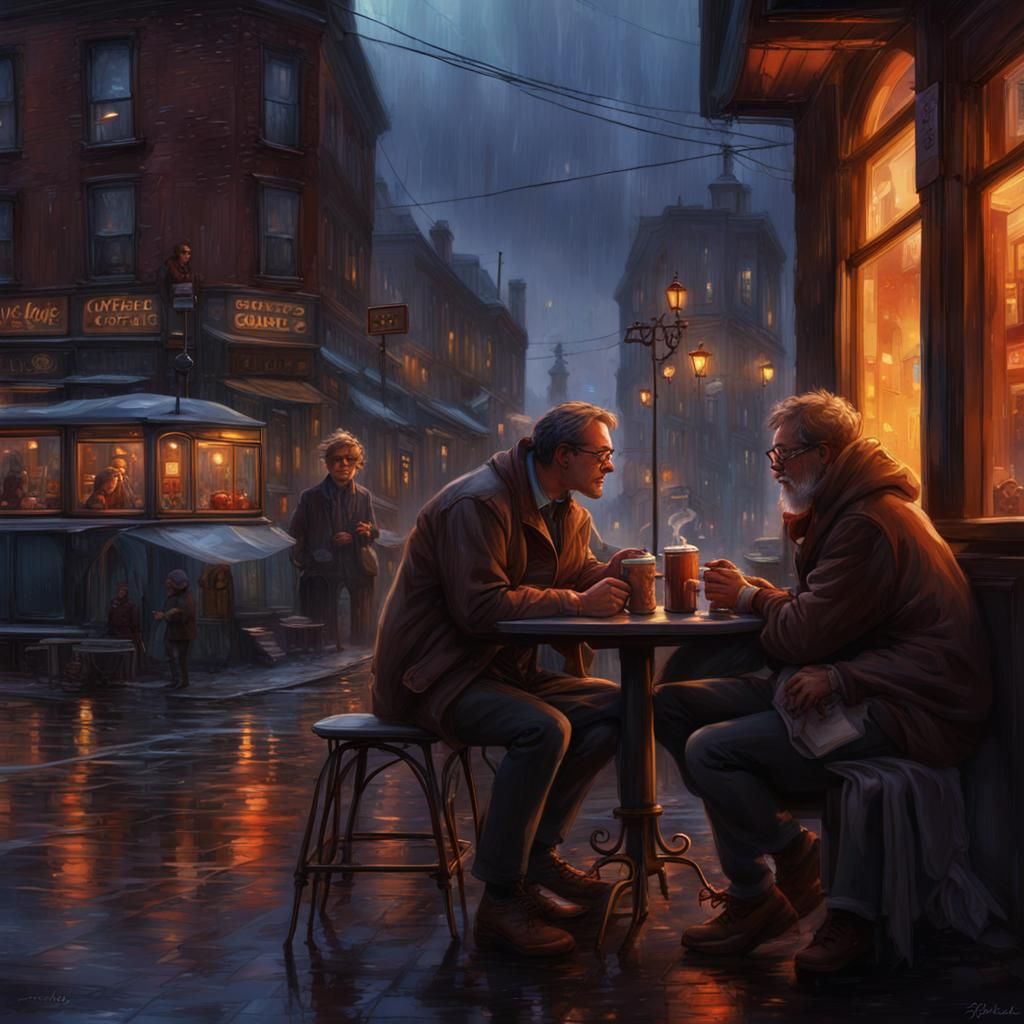 Distant View of Couple in Coffee Bar at Dusk