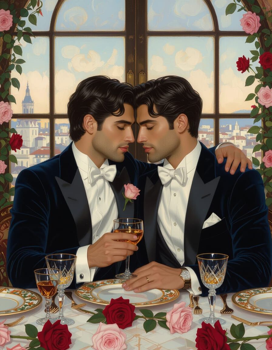 Intimate Embrace: Two Men in Velvet Tuxedos