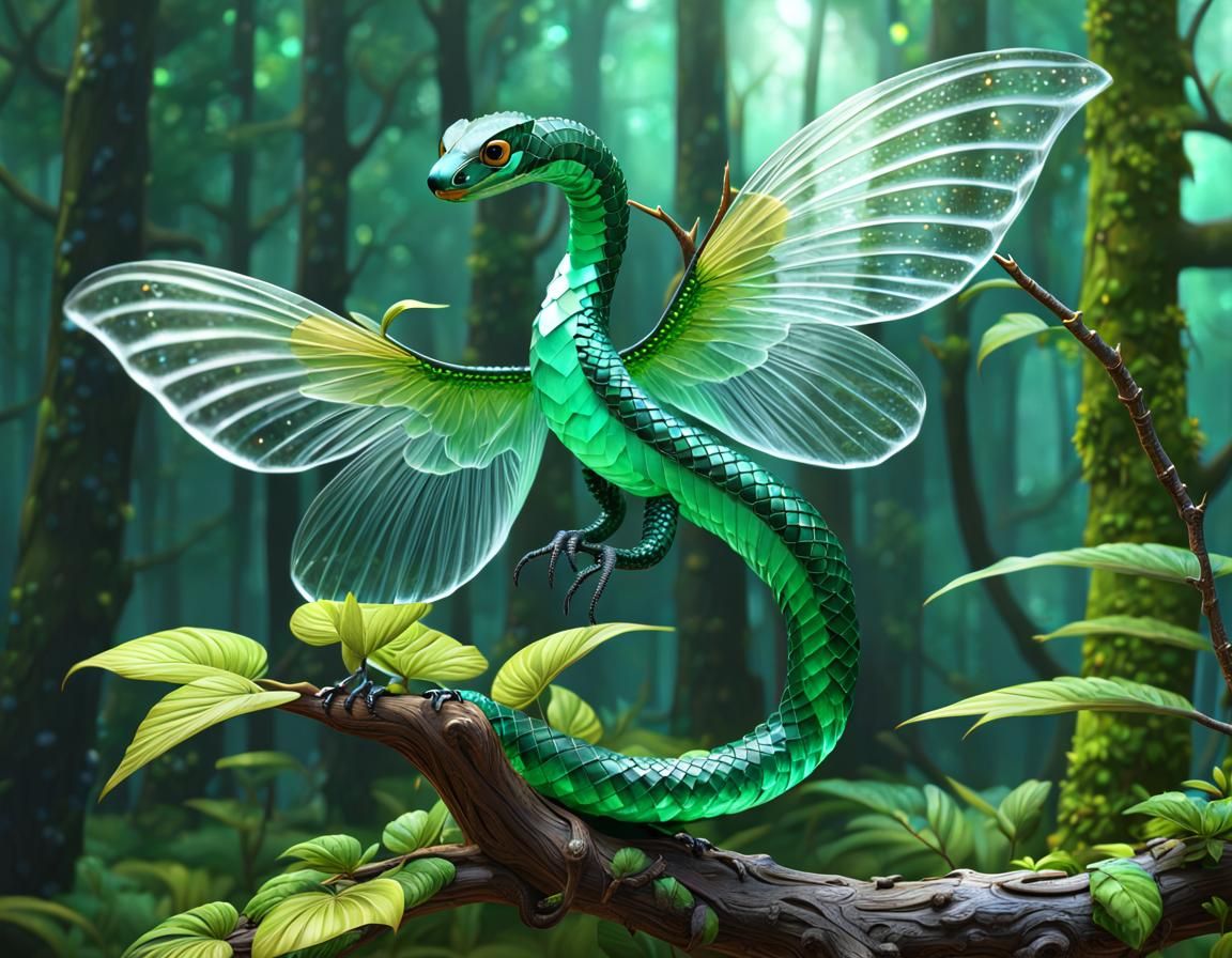 Crystal Emerald Snake in Forest, Digital Painting
