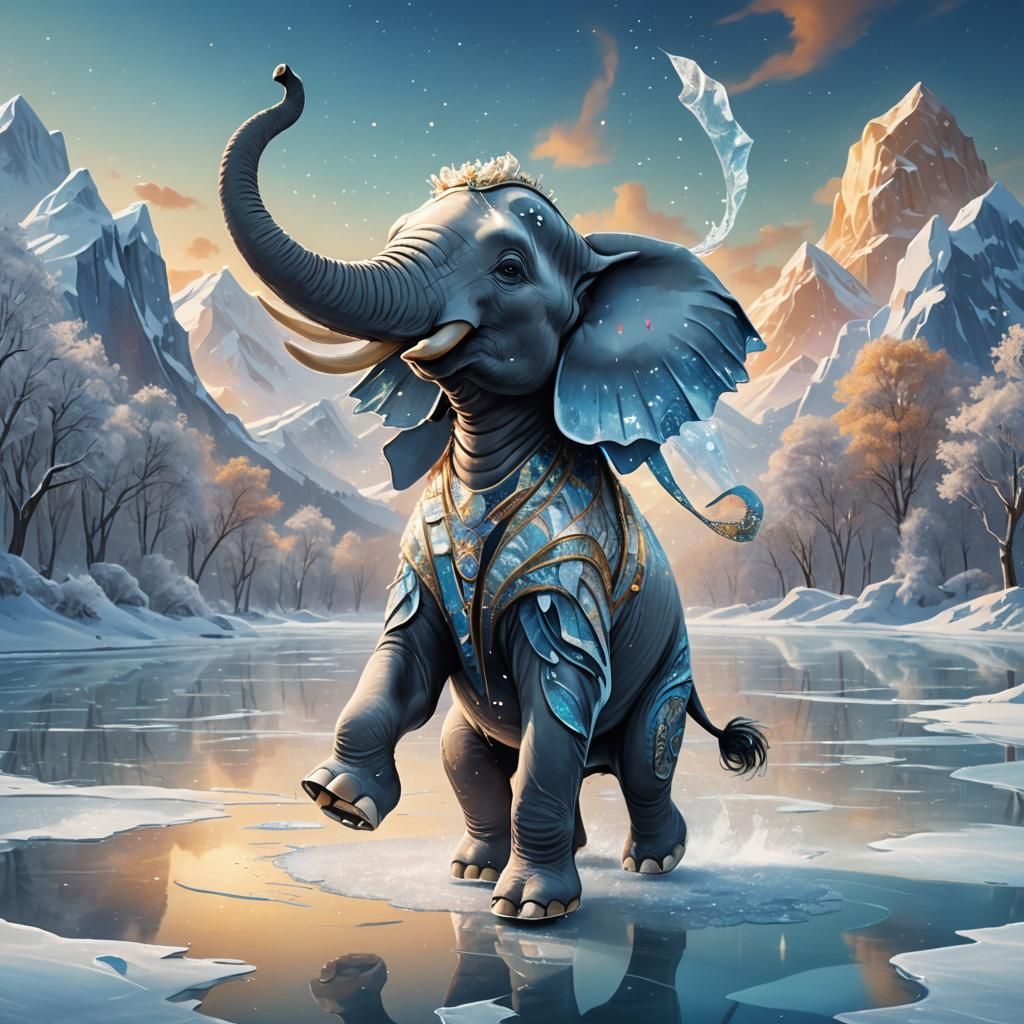 Whimsical Cartoon Elephant Ice Skating on Frozen Lake