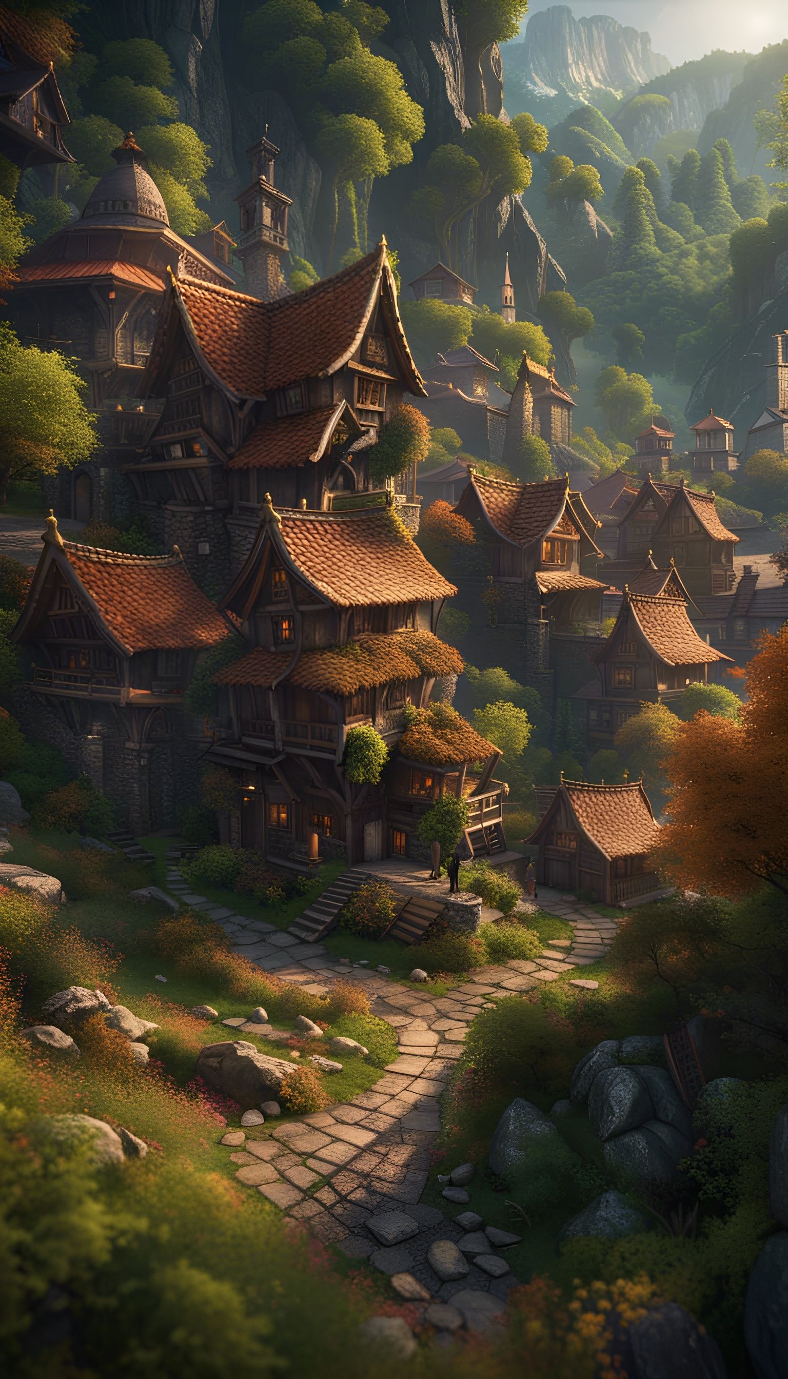 Fantasy Village Amidst Forest and Mountains