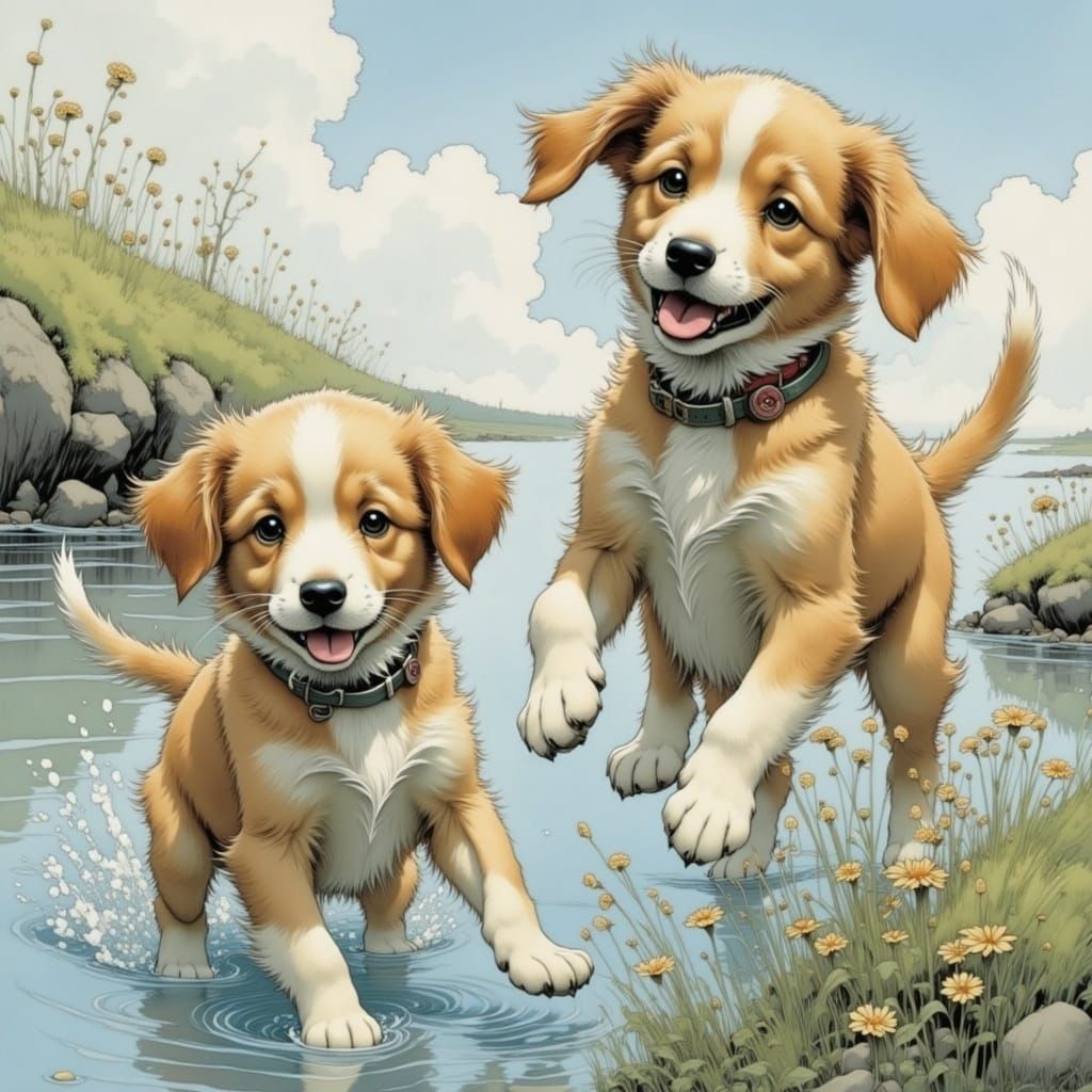 Puppies Playing in Water: Children's Book Illustration