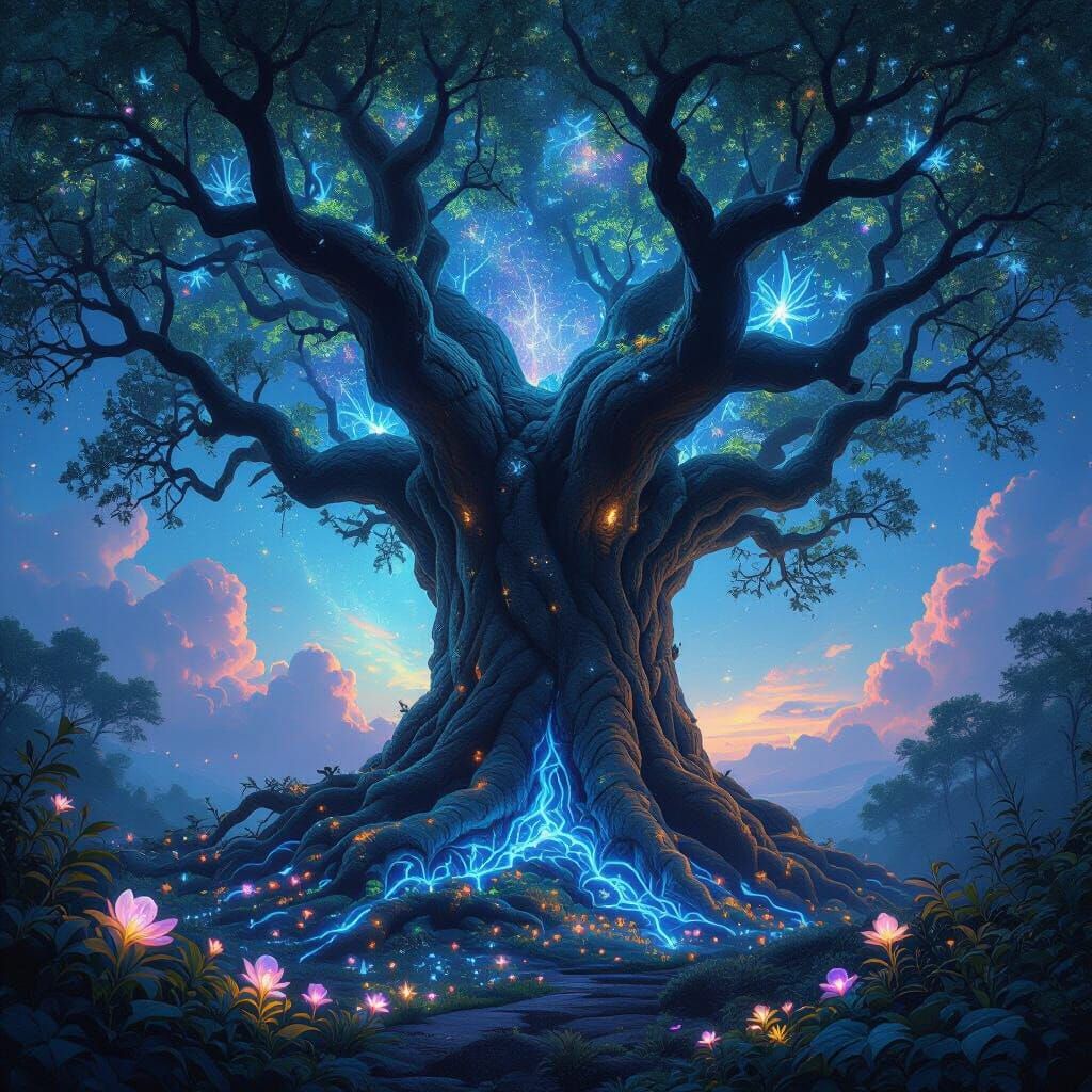 Ethereal Tree with Glowing Roots and Nebula Sky