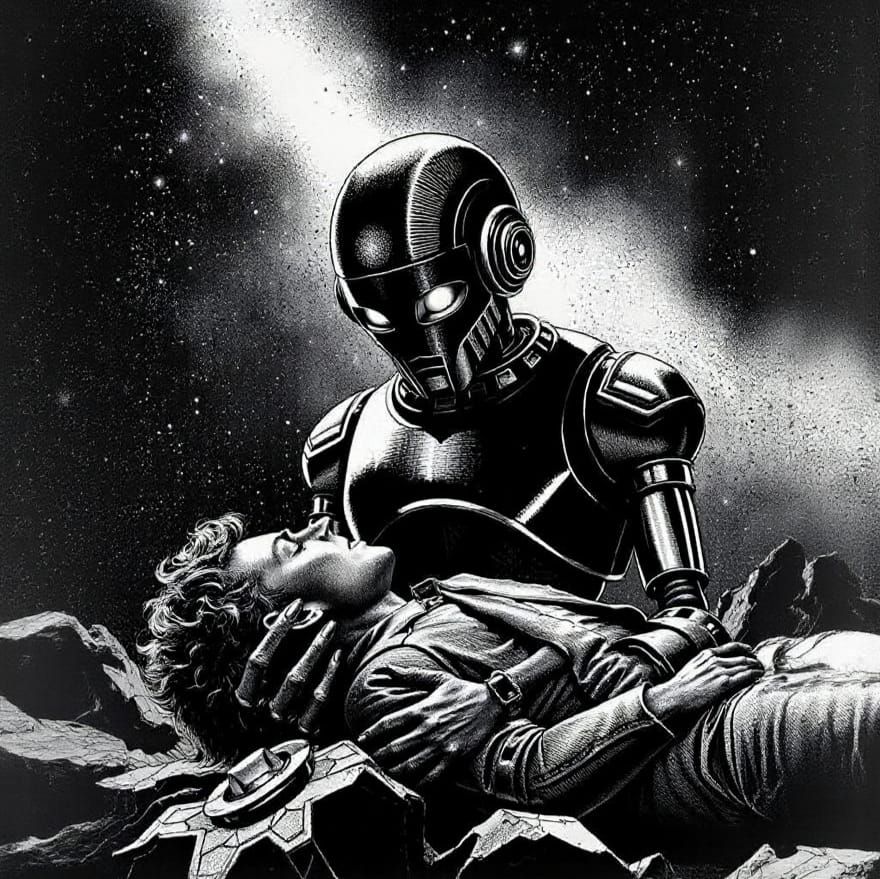 Robot Mourns Lifeless Man Under Starry Sky