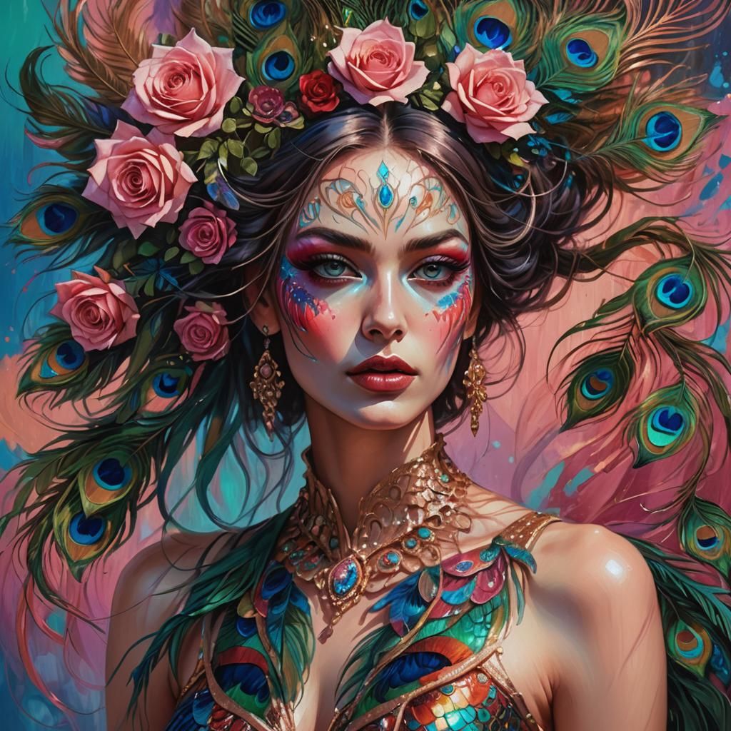 Rainbow Woman with Peacock Feathers, Dark Fantasy Art