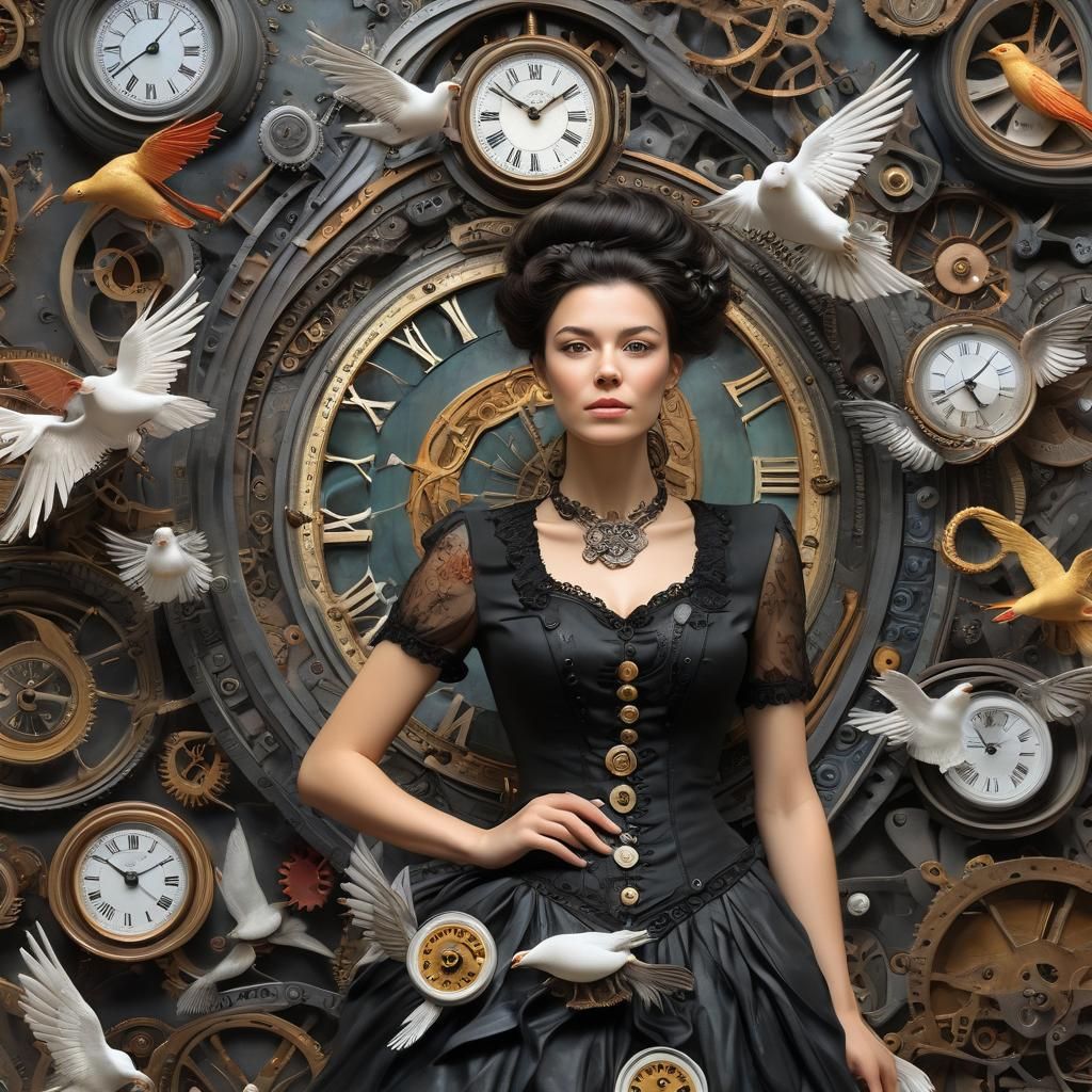Steampunk Goddess in Black Attire with Avian Accoutrements