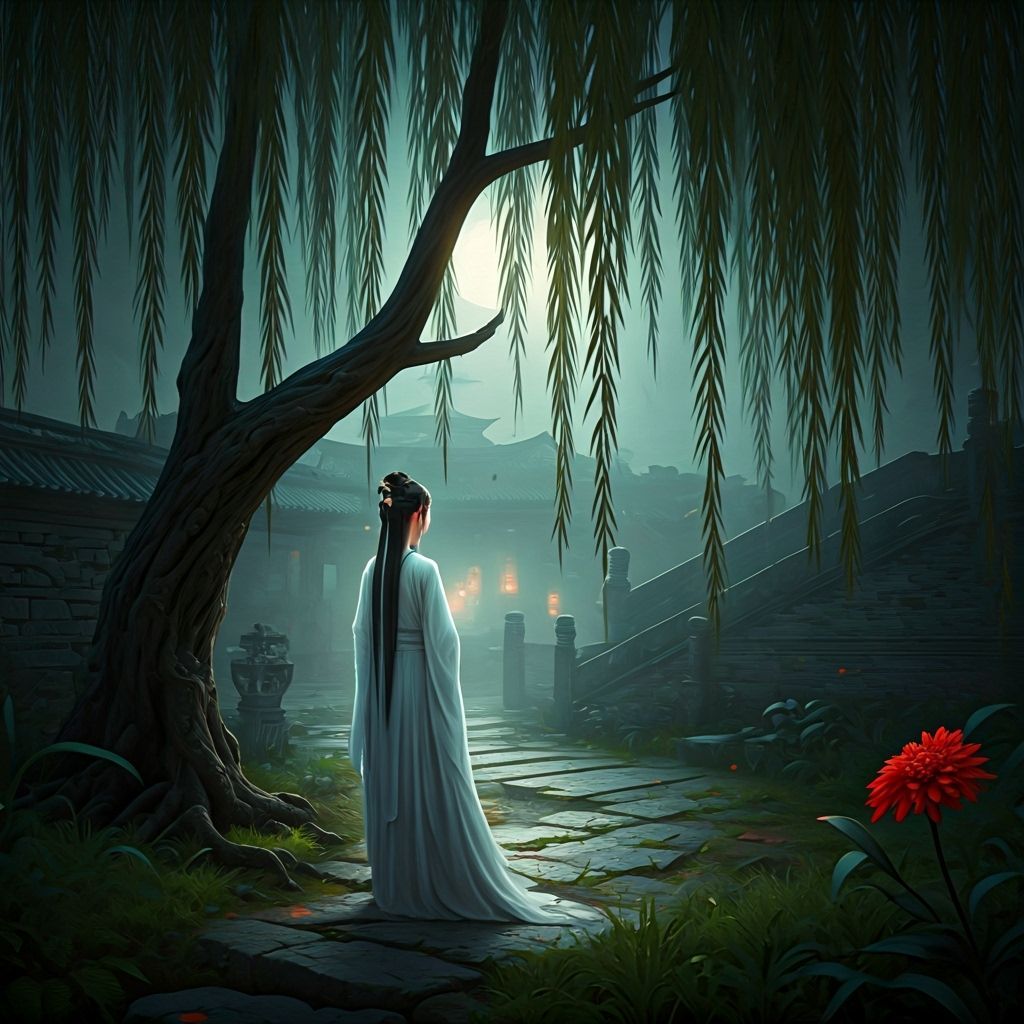 Ghost Maiden Under Moonlit Willow Tree in Ethereal Mist
