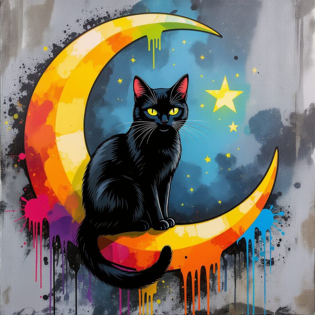 Black Cat on Crescent Moon in Graffiti Art Style