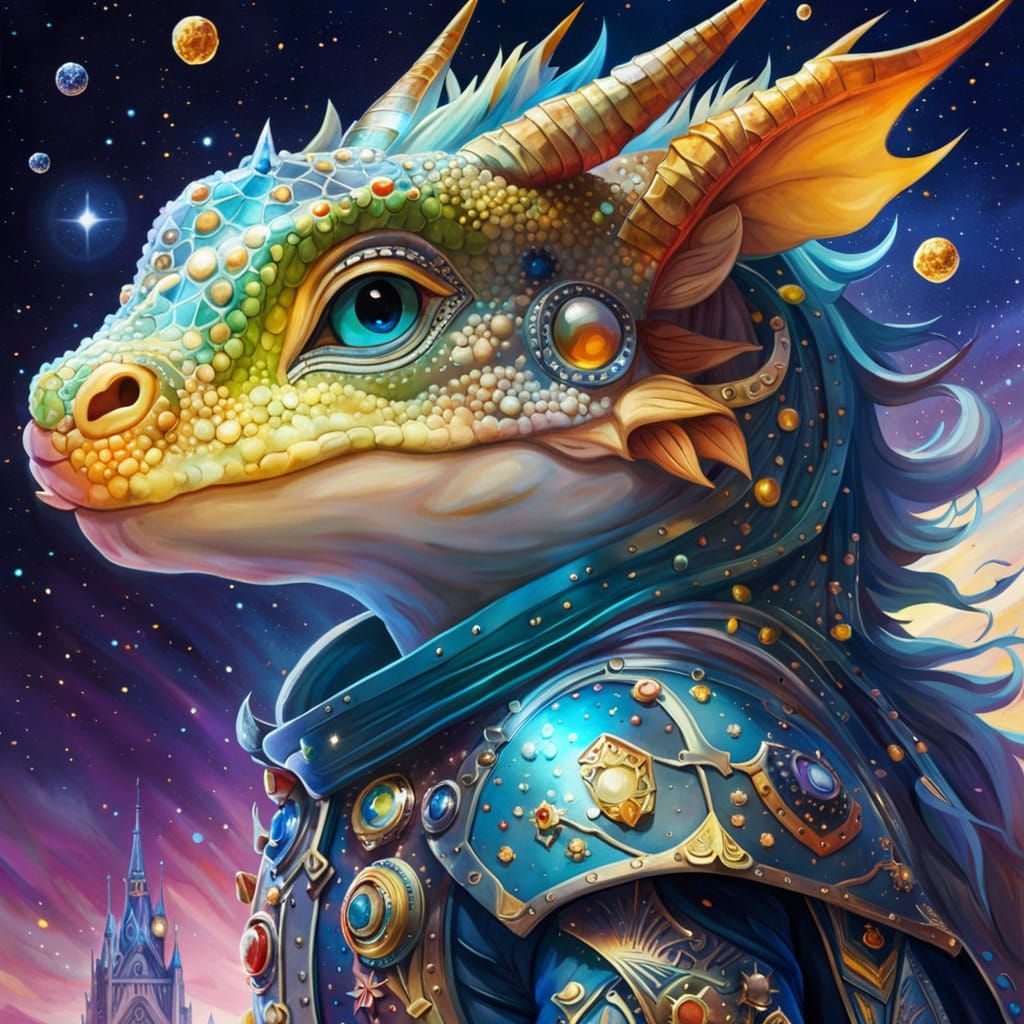 Watercolor Diamond Baby Dragon in Space