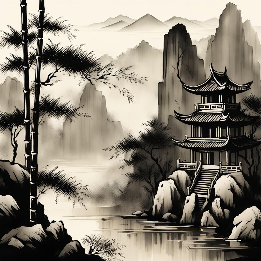 Bamboo Forest Shrine in Chinese Ink Style