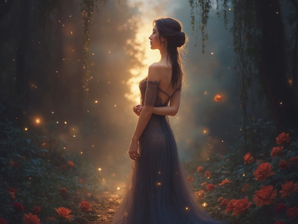 Serene Woman in Whimsical Evening Gown with Greenery and Fir...