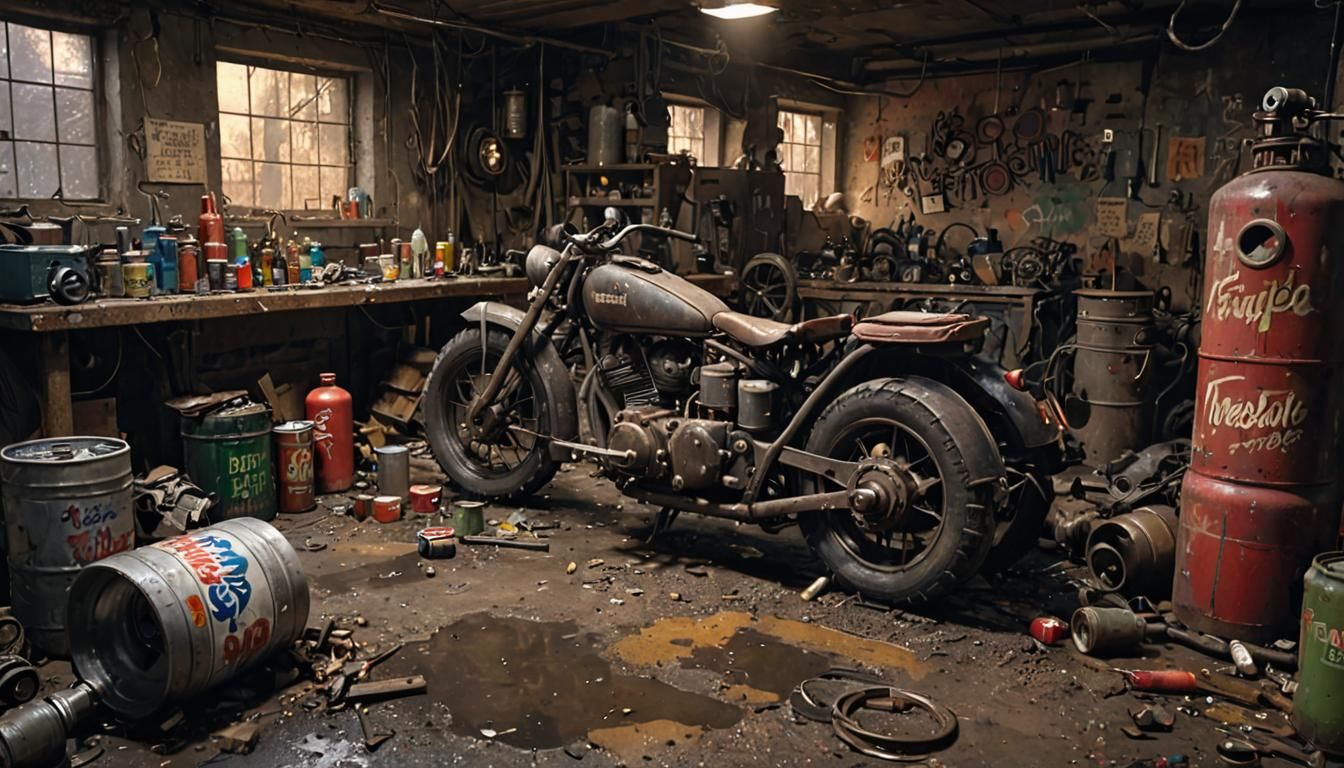 Grimdark 1940s Workshop with Motorcycle and Fuel