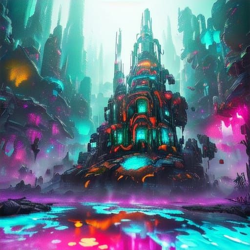 Neon Tree in Cyberpunk Cityscape Oil Painting