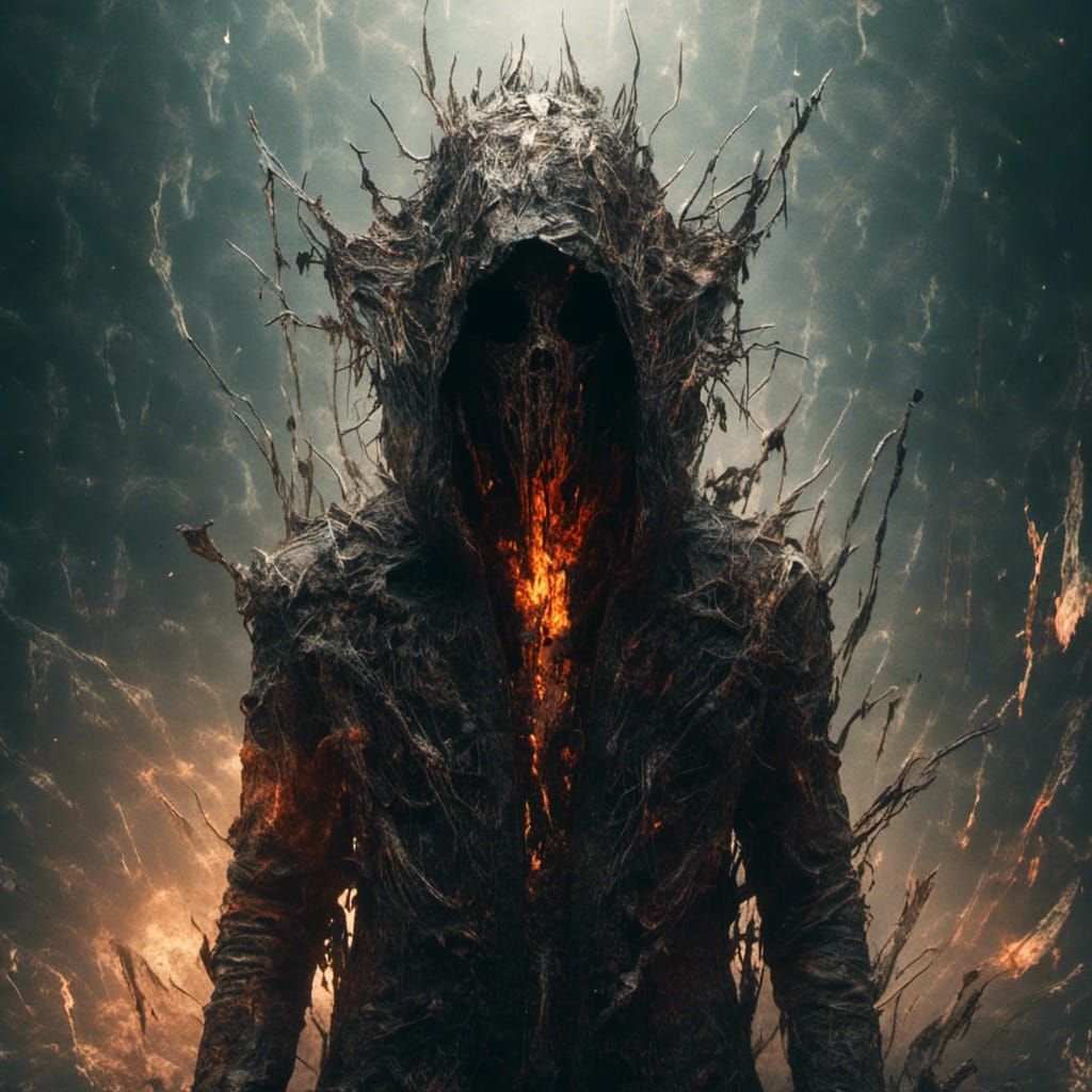 Fiery Figure in Dark Fantasy Mechscape