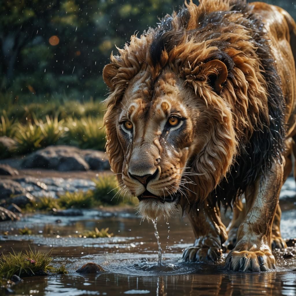Epic Lion Licking Water: Photorealistic 16k Render