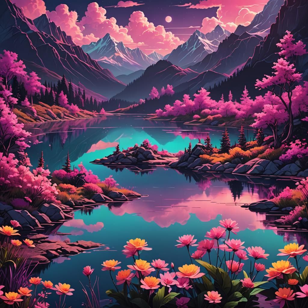 Hyperrealistic Mountain Lake in Synthwave Neon Style