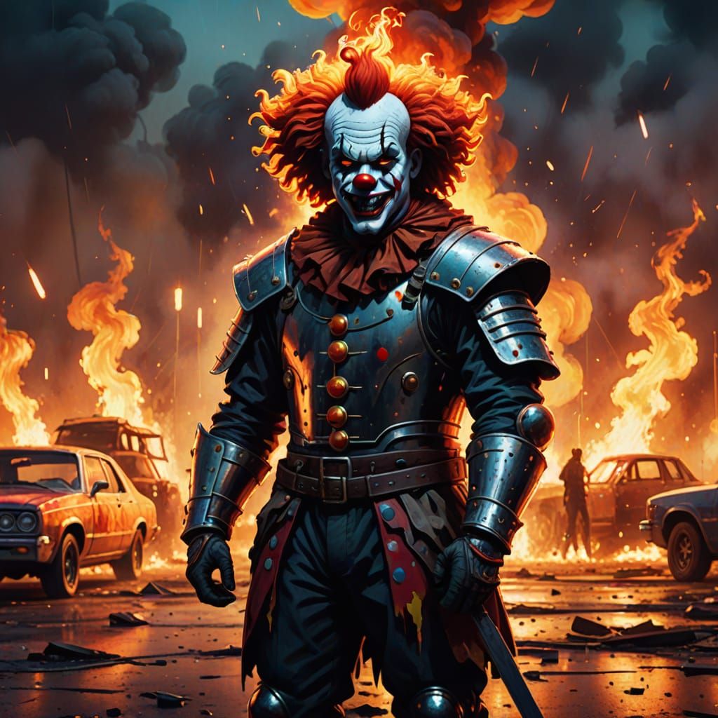 Warrior Clown in Zoot Suit Amidst Fire and Explosions