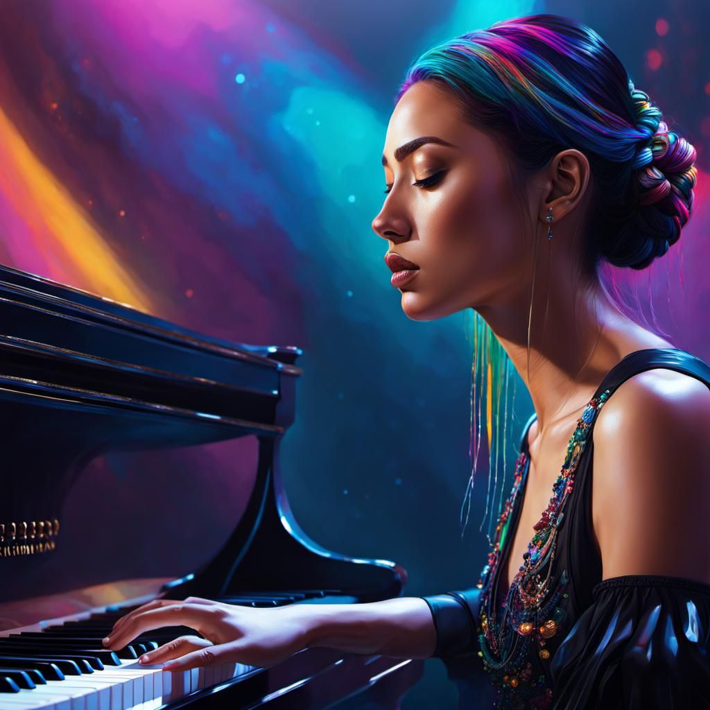 Translucent Girl Plays Piano in Hyperrealistic Splash Art