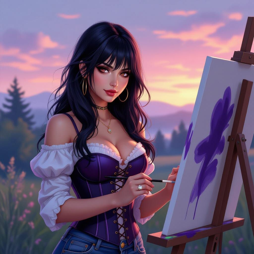 Woman with Copper Eyes Painting in Early Morning