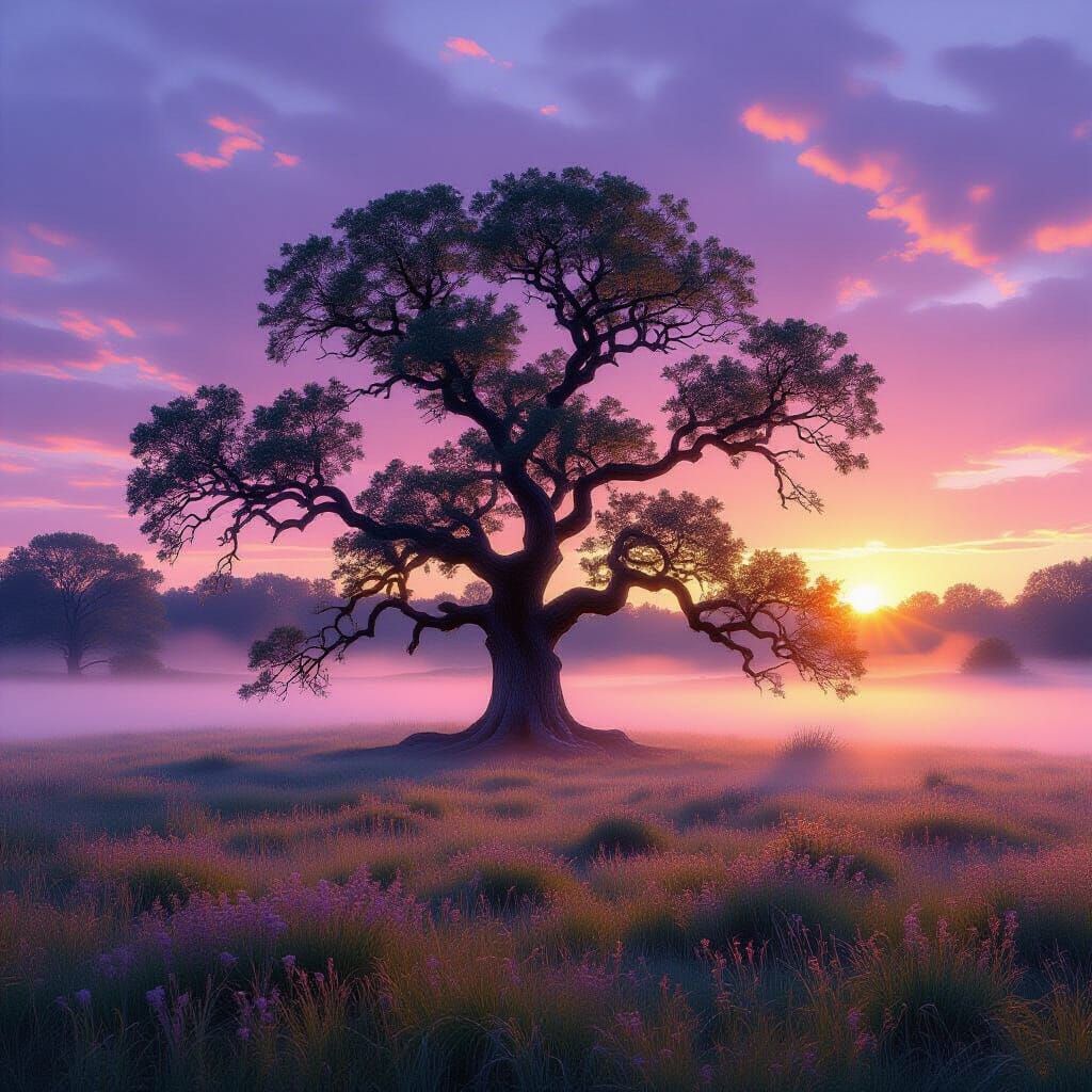 Ancient Oak in Ethereal Meadow at Dawn