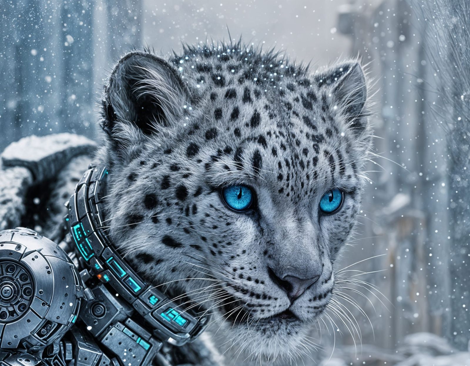 Cyborg Snow Leopard in Snowy City