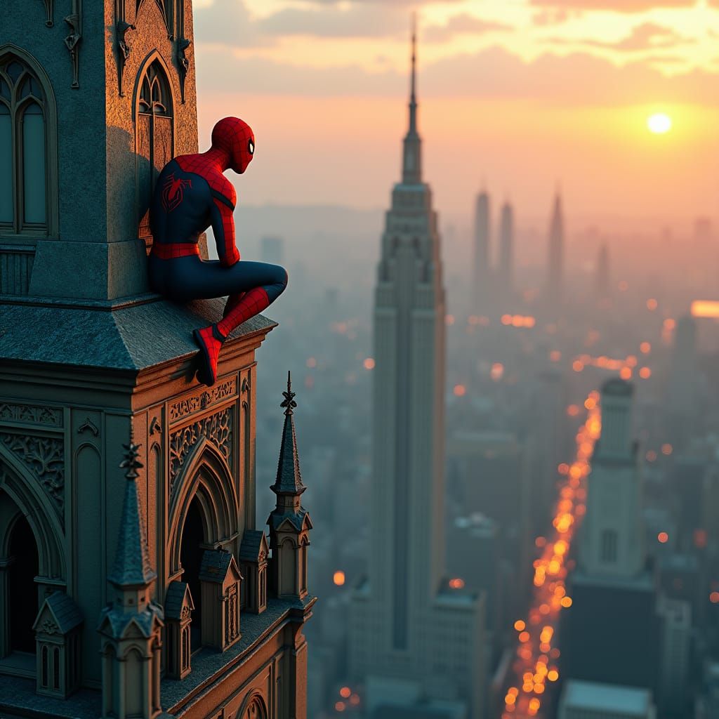 High-Fantasy Spider-Man Overlooking Dystopian Metropolis