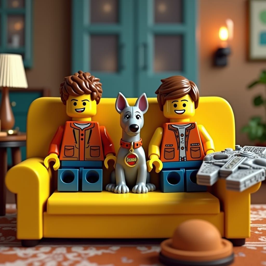 Lego Men with Dog on Yellow Sofa