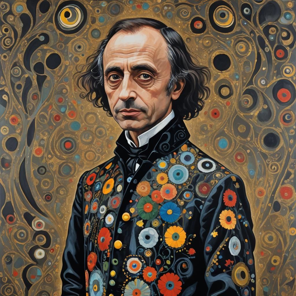 A portrait of Michel Houellebecq , the book author wearing a 1960s dress in the style of Tim Burton. Murnau, Klimt and B...
