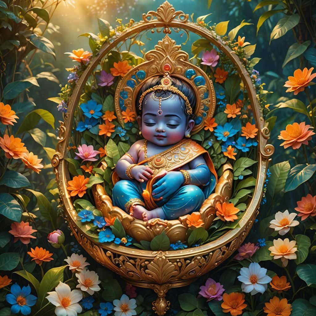 Baby Krishna in Golden Cradle: Fantasy Concept Art