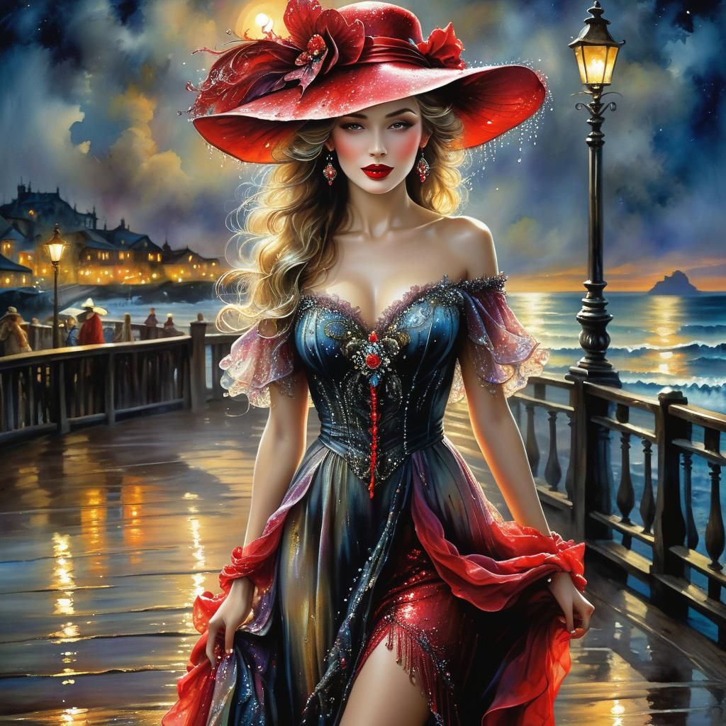 Mysterious Woman in Red Hat: Impressionistic Watercolour