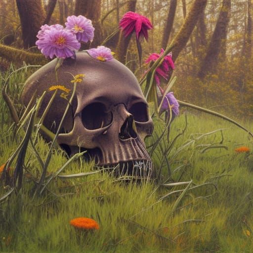 Skull in Forest with Flowers: Oil Painting