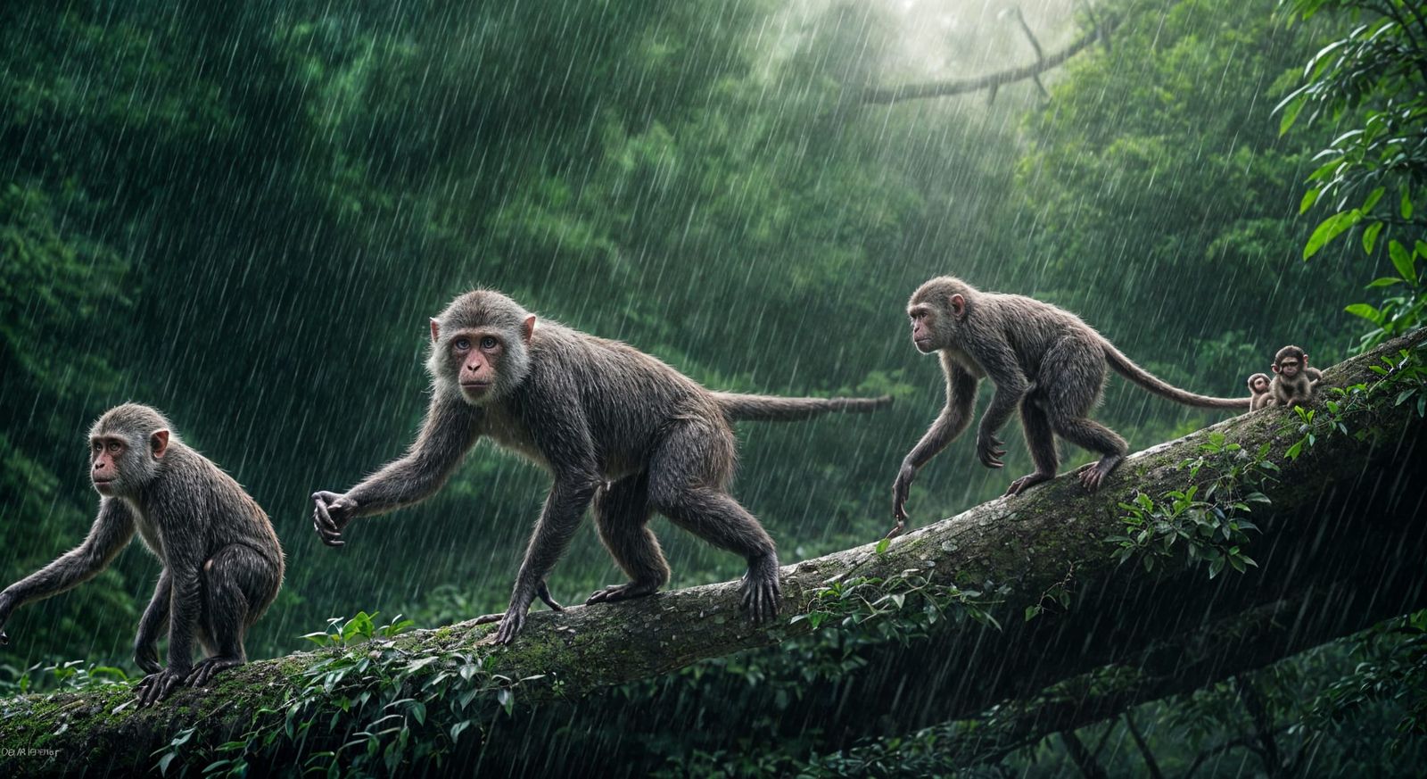 Hyperrealistic Monkeys in Rainy Trees, High Contrast HDR