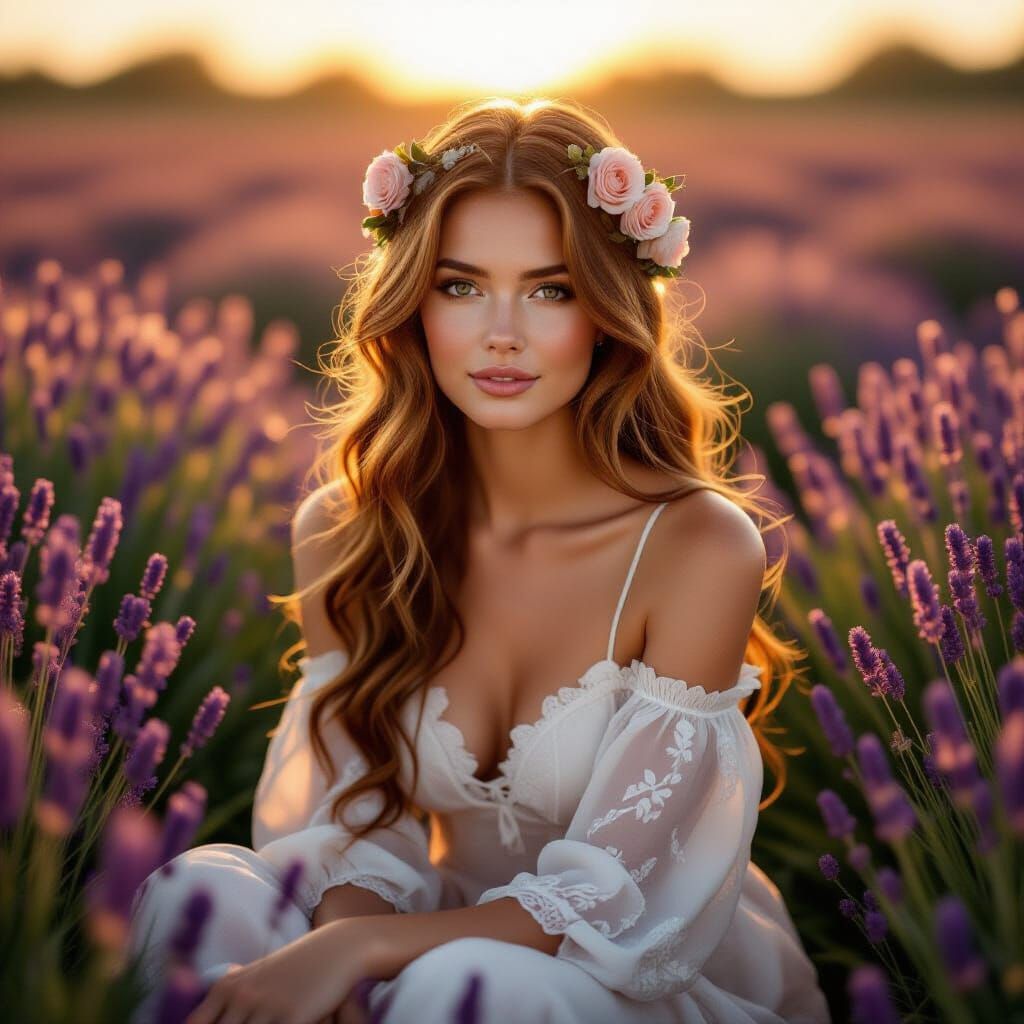Woman with Roses in Lavender Field: Film Photography