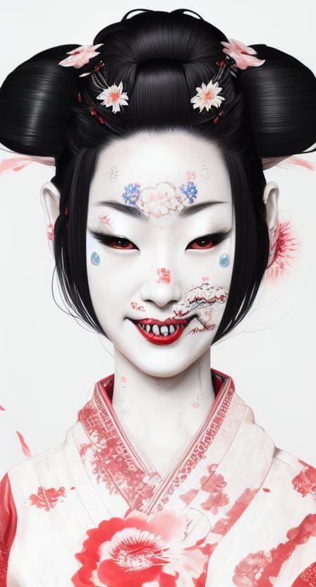 Grinning Geisha Portrait in Art Nouveau Style