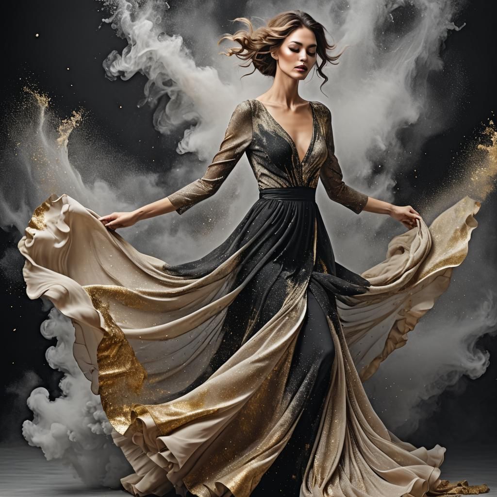 Elegant Woman in Floating Dress with Swirling Powder
