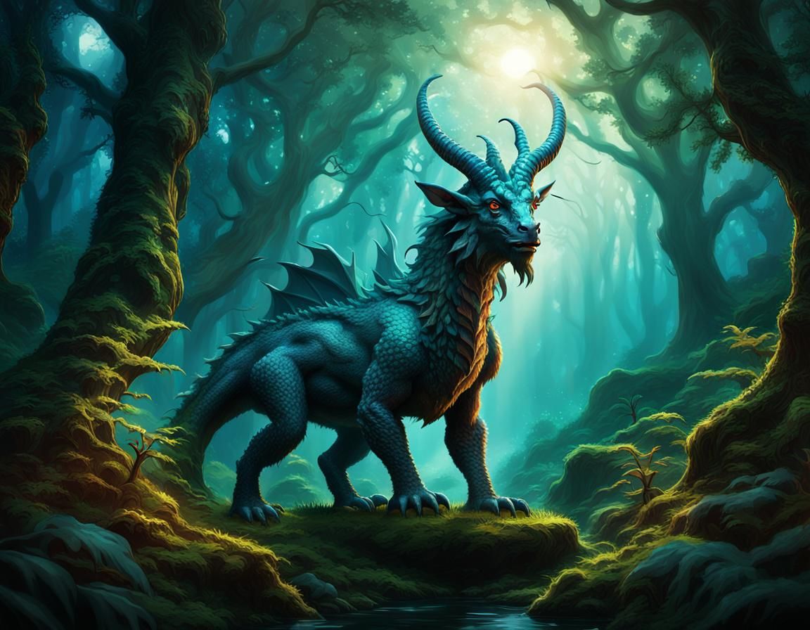 Satyr Dragon in Mystical Forest, Fantasy Art