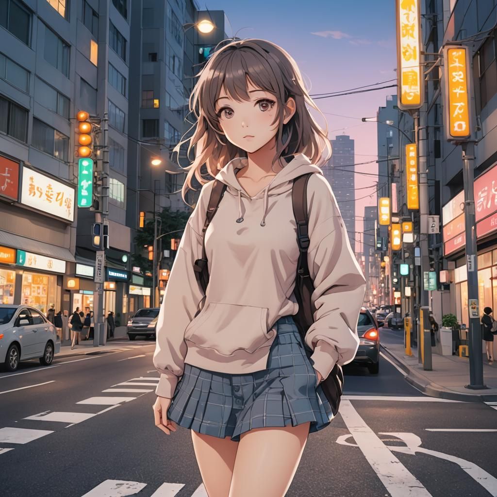 Moe Anime Girl at Stop Light in Manga Style