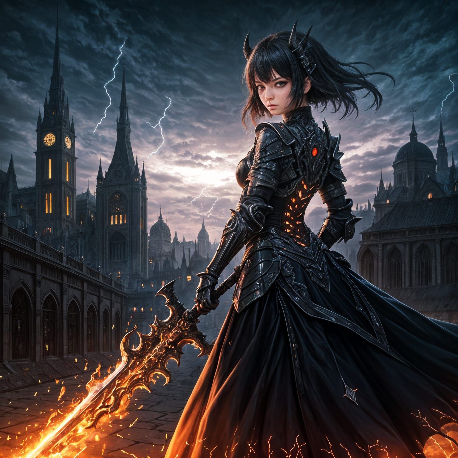 Dark Fantasy Warrior in Gothic Cityscape