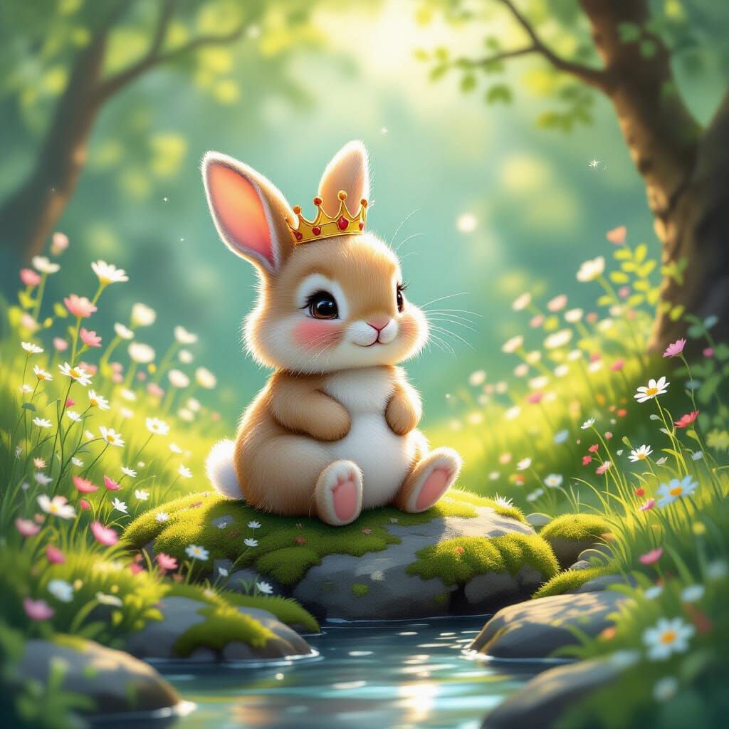 Fluffy Rabbit in Crown Sitting in Sun-Dappled Glade