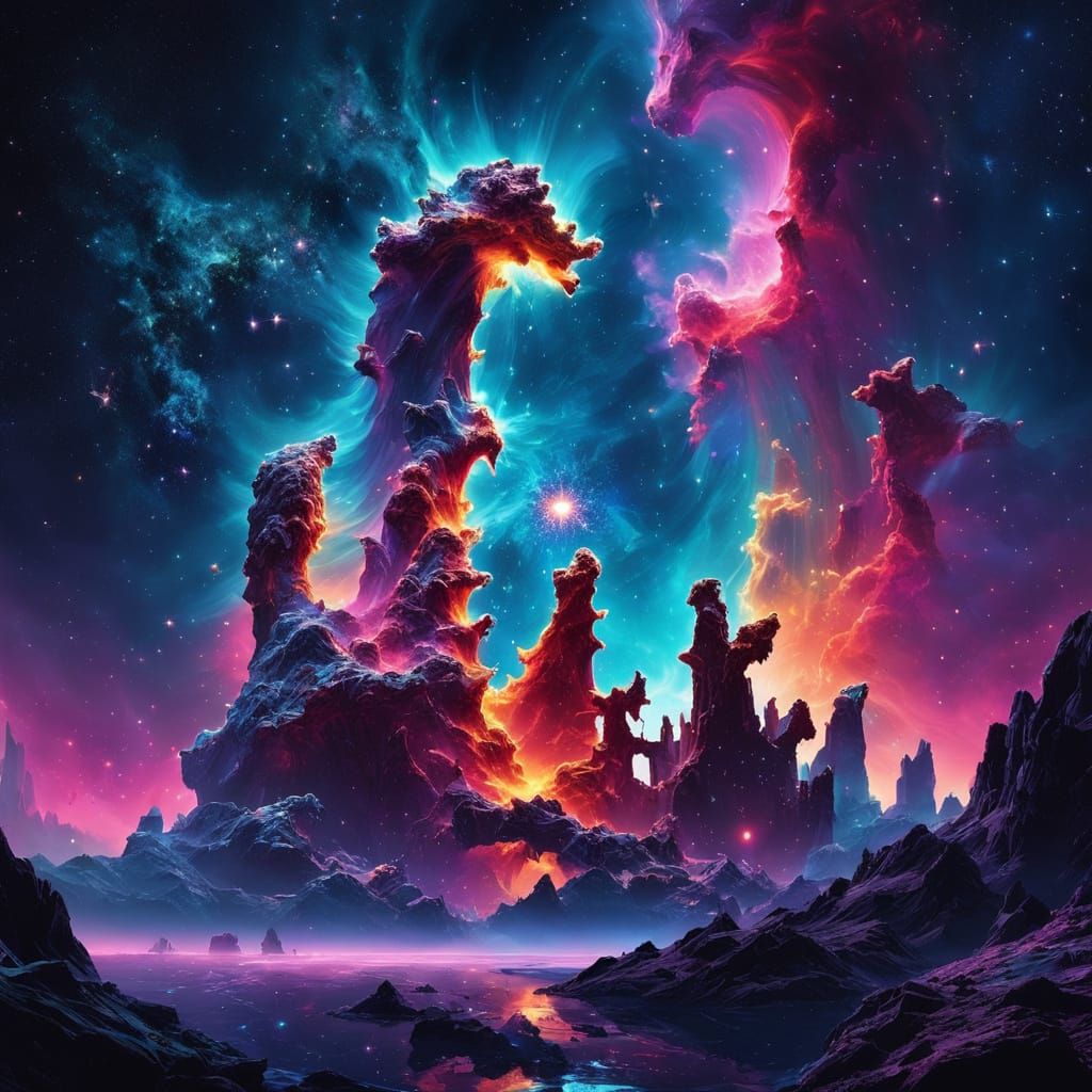 Cosmic Pillars of Creation in Vibrant Neon Light