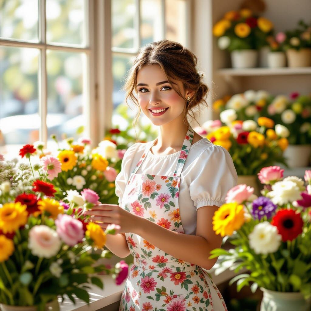 Woman Arranging Flowers in Sunlit 1900s Shop
