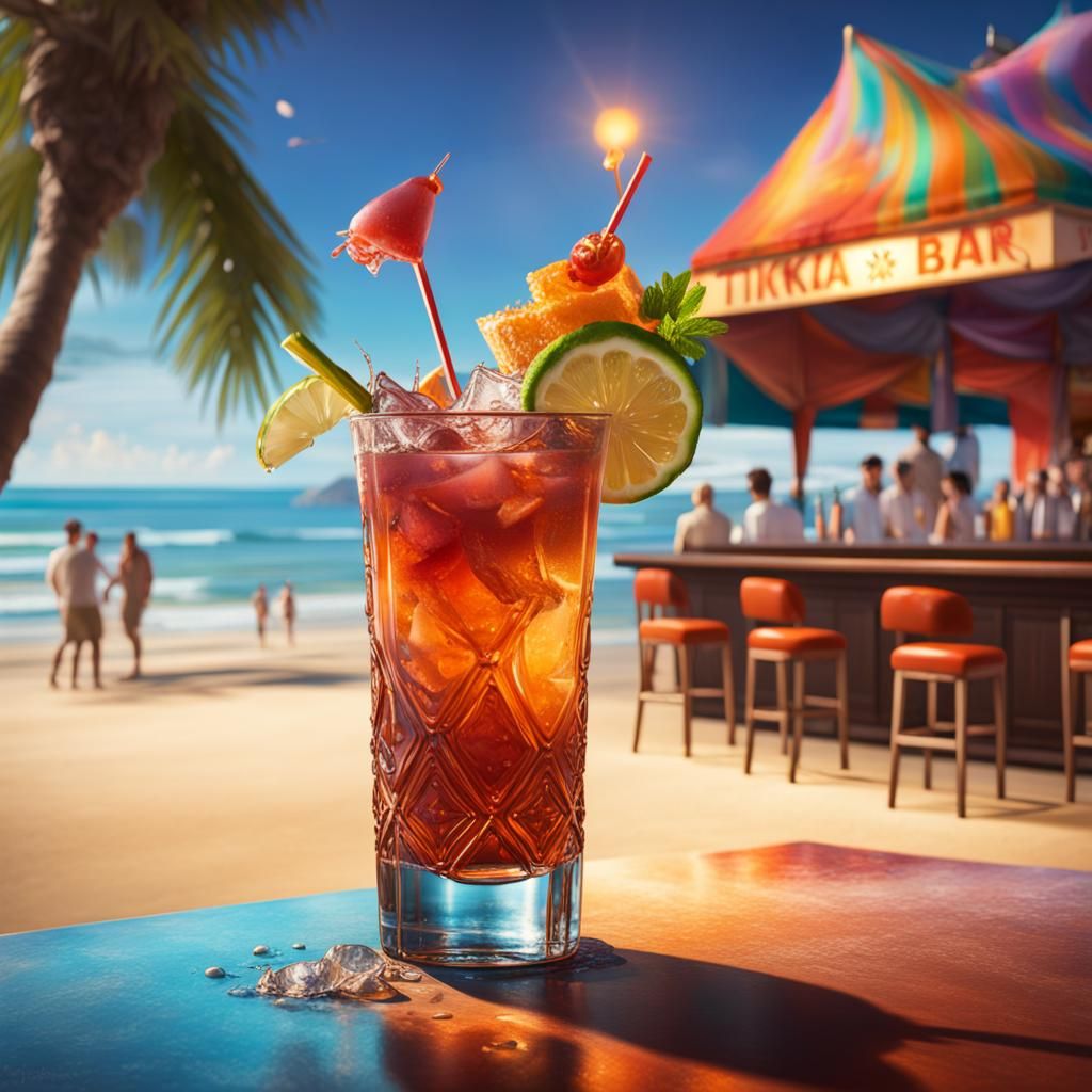 Hyperrealistic Tiki Bar with Cocktails on a Beach
