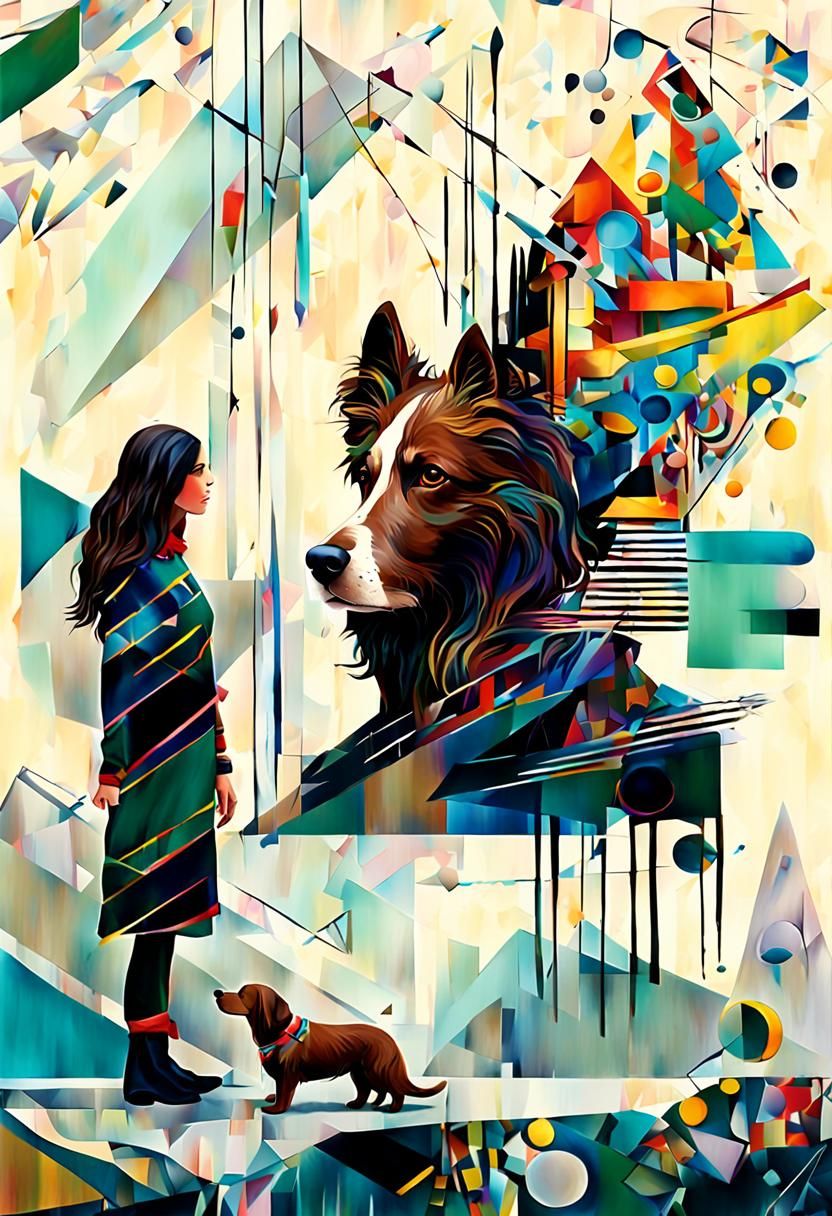 Stylized Woman and Dog in Cubist Style