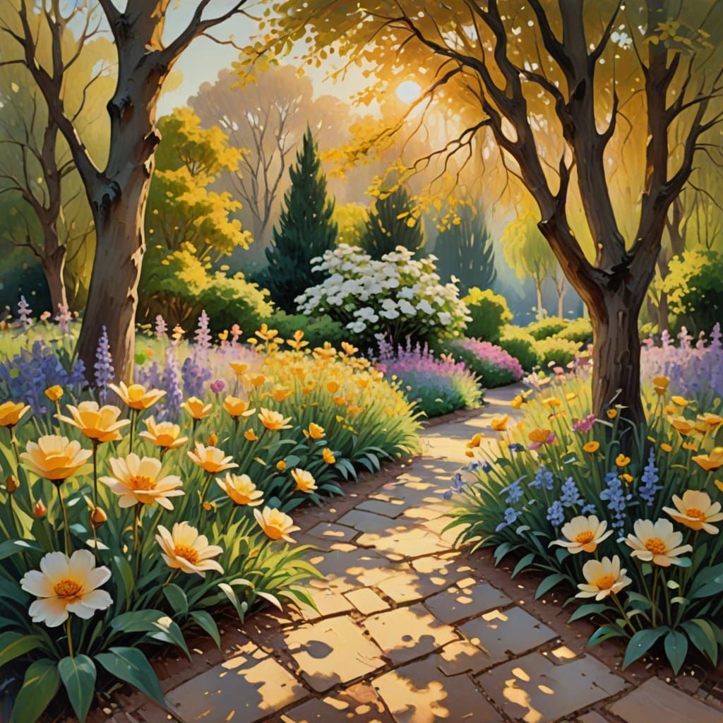 Blooming Garden in Impressionist Oil Painting Style
